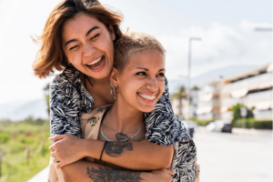 Smiling same-sex couple