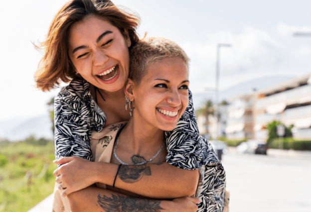 Smiling same-sex couple